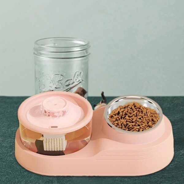 Plato 2 en 1 Mascota Fuente Agua Comedero Bebedero Electrico Variante Color Rosa
