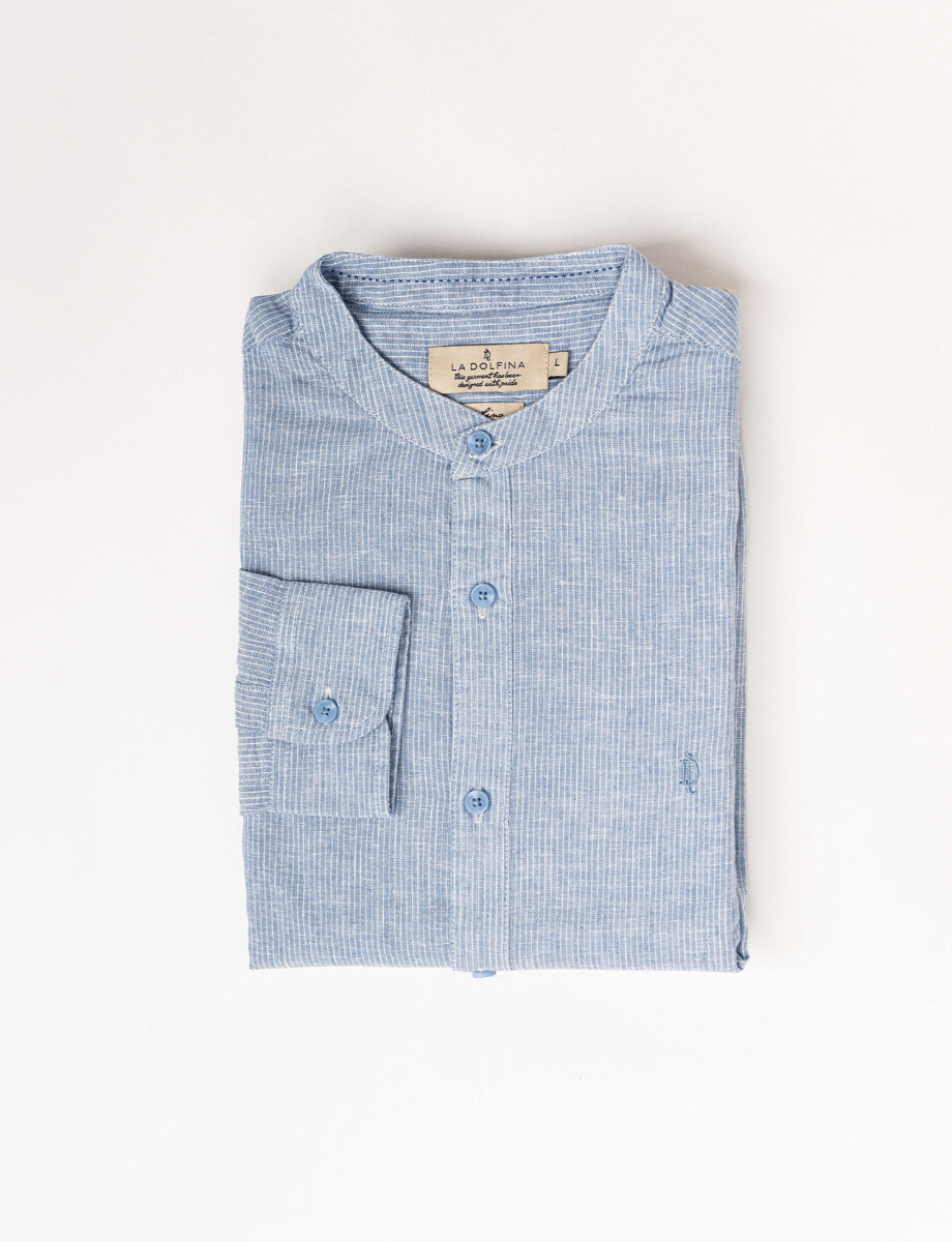 Camisa m/l lino rayada celeste