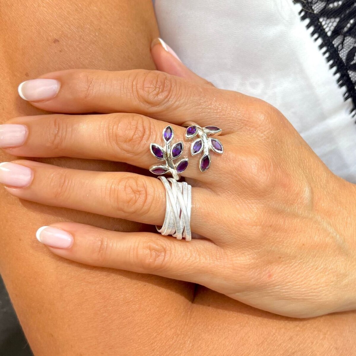 Anillo Nature Leaves Amatista - Plata 925 