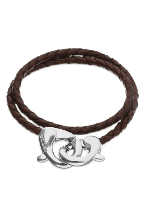 PULSERA DE CUERO DOBLE MARRÓN CON MOSQUETÓN ENTRELAZADO BAÑADO EN PLATA Pulsera