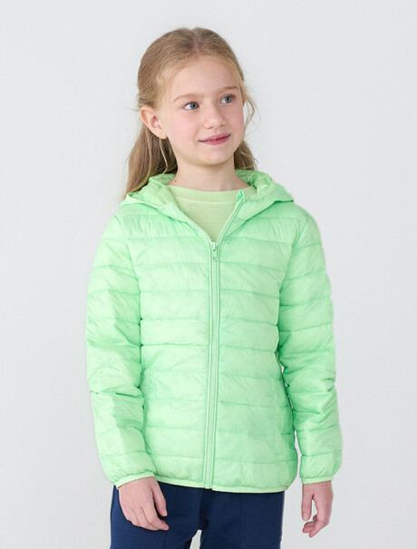 CAMPERA UNISSEX PUFFER CON CAPUCHA Y BOLSILLOS VERDE CLARO