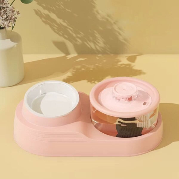 Plato 2 en 1 Mascota Fuente Agua Comedero Bebedero Electrico Variante Color Rosa