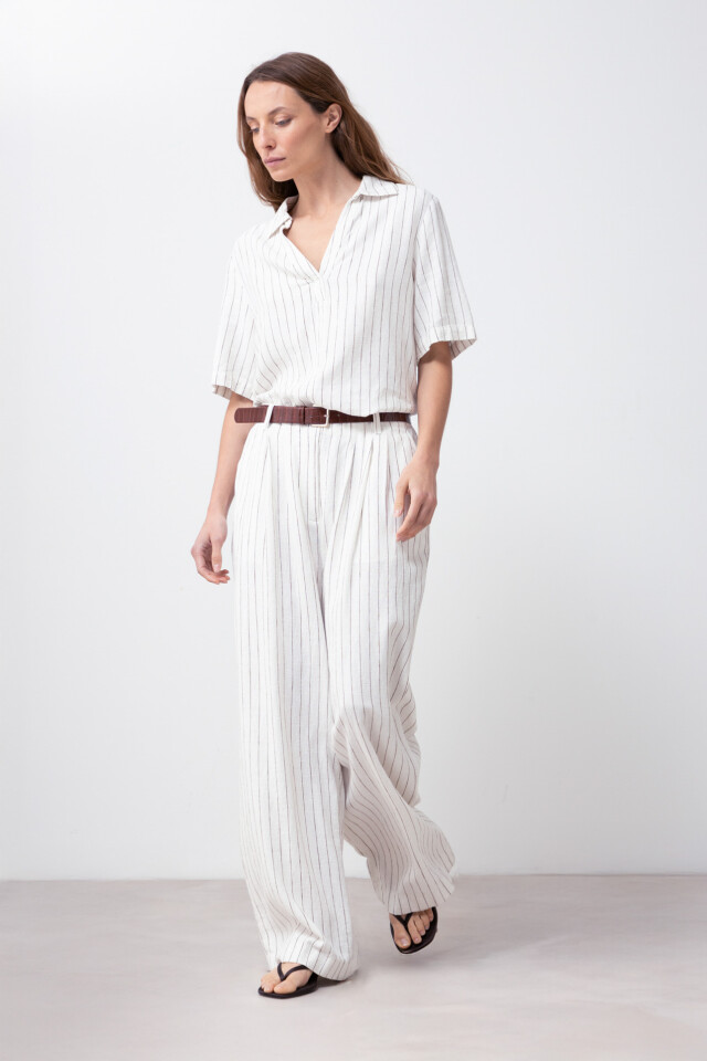 Pantalon pinzado de lino a rayas blanco