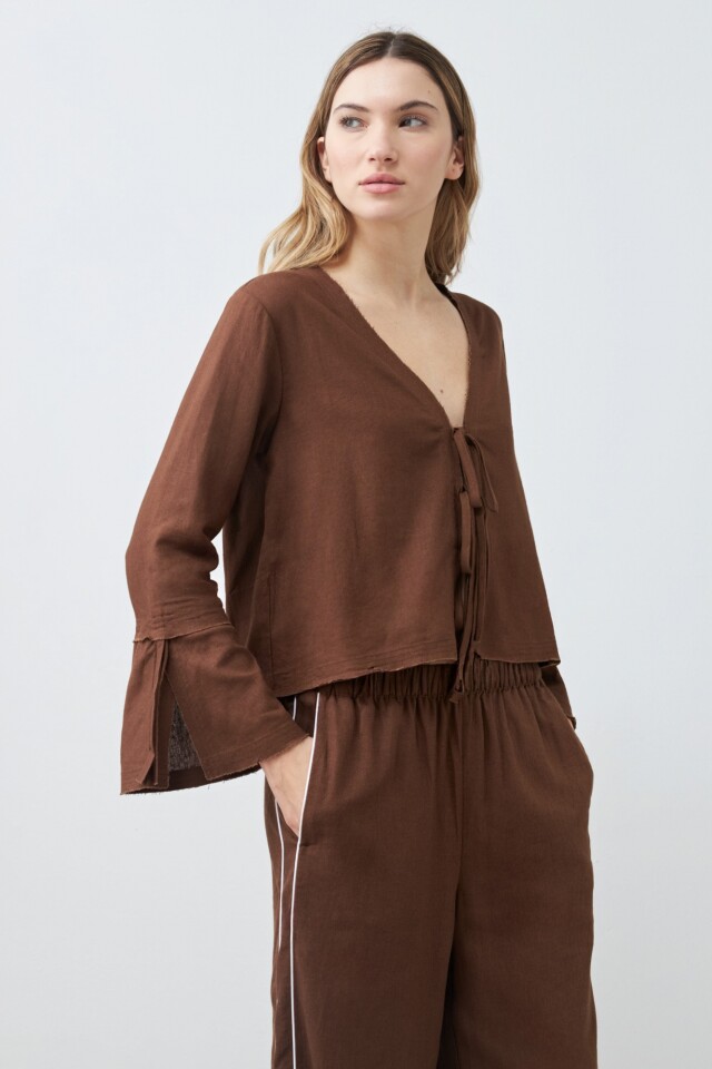 Blusa de lino con lazos chocolate