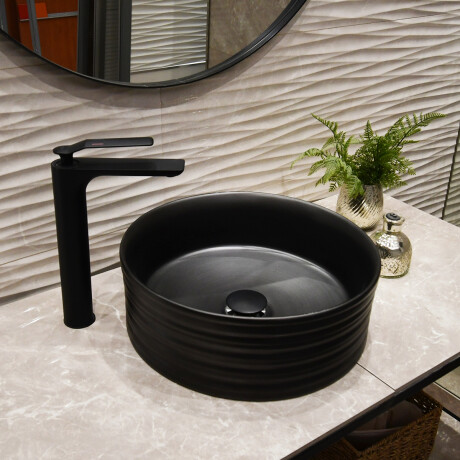 Bacha Redonda De Apoyo De Loza Negro Mate Con Desague Negro Mate Aqualia 000