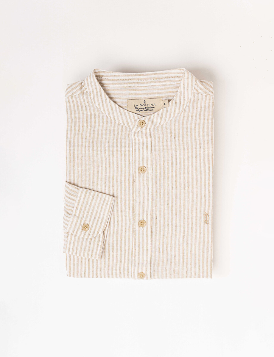 Camisa m/l lino rayada beige