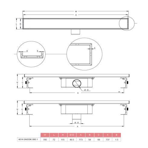 Desague Lineal Para Insertar Baldosa De 80Cm Salida Horiz 50Mm Acero Inoxidable 000