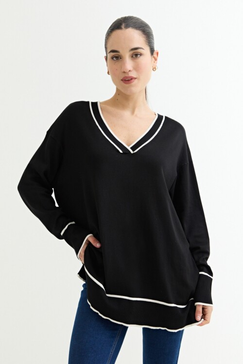 Sweater escote en V contratono NEGRO