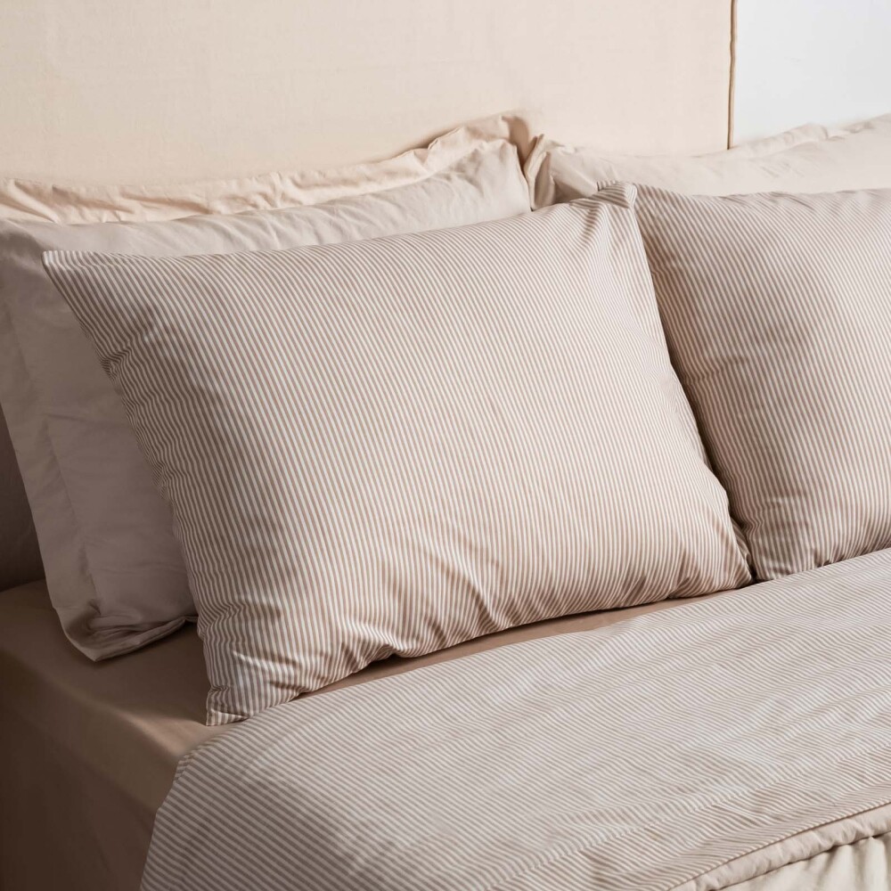 JUEGO SÁBANAS QUEEN ALGODON-Y-POLIESTER MARRON STRIPE TOSTADO