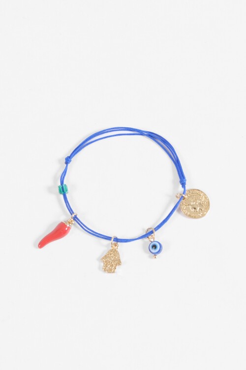 Pulsera dijes y ojito regulable azul