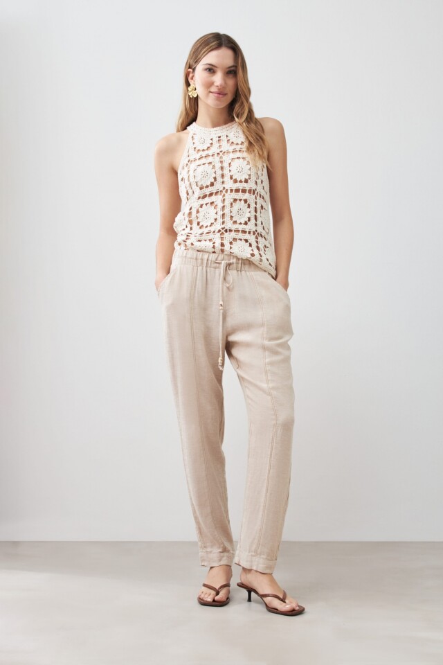 Pantalón pijama de lino con pespuntes en contraste beige melange