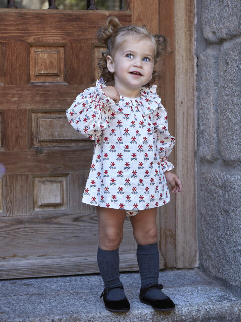 Vestido Estampado Suelto Con Cuello Volante Blanco Roto