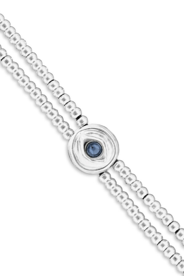 PULSERA DE BOLAS DOBLE DE ALEACIÓN DE METALES BAÑADA EN PLATA CON DETALLE DE OJO Y CRISTAL EN AZUL Pulsera