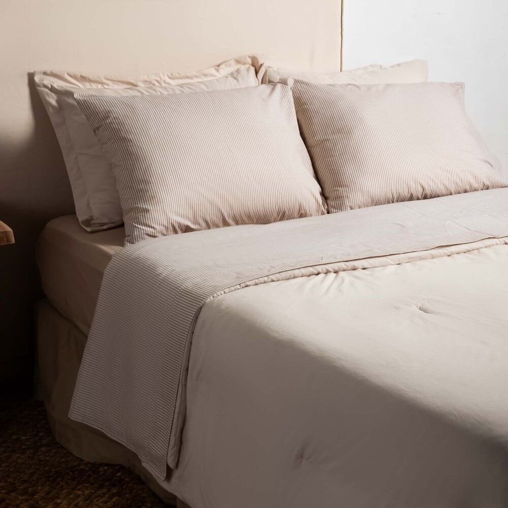 JUEGO SÁBANAS QUEEN ALGODON-Y-POLIESTER MARRON STRIPE TOSTADO