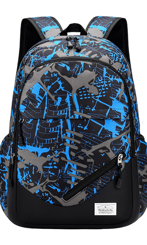 MOCHILA NEW DAY ESTAMPADA AZUL Y GRIS