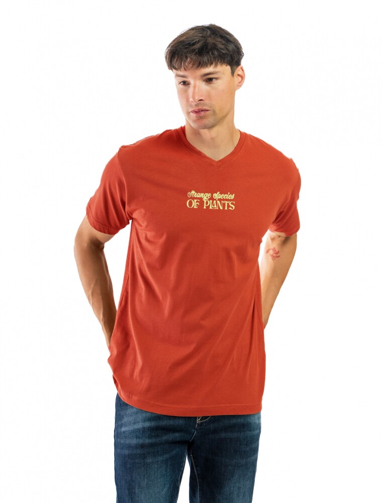 Remera Algodón Estampada Cuello V Coral y Amarillo