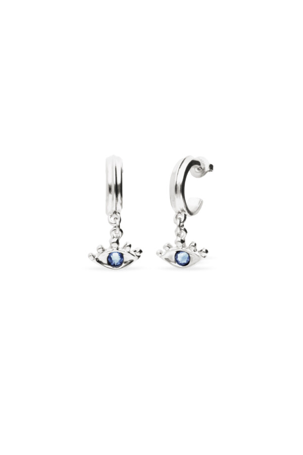 PENDIENTES DE ARO EN ALEACIÓN DE METALES BAÑADOS EN PLATA CON DETALLE DE OJO CON CRISTAL FACETADO AZUL Pendiente
