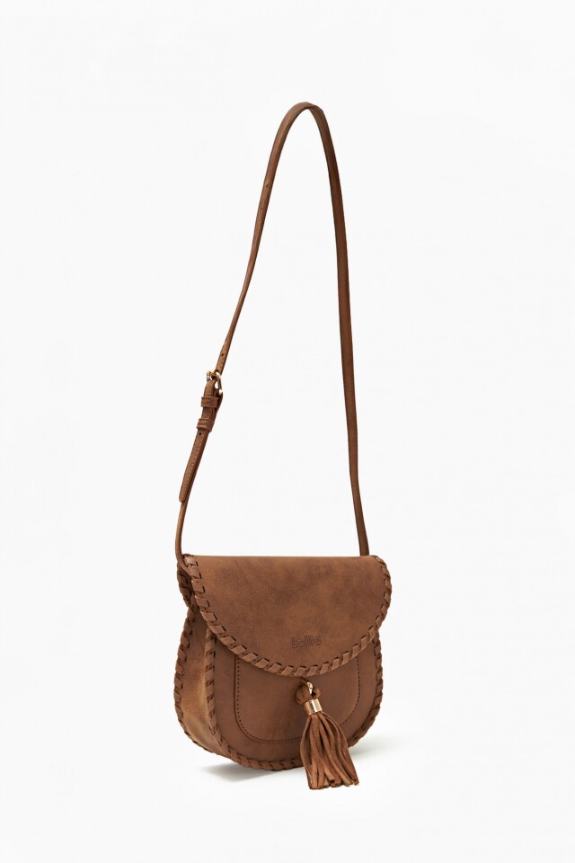 Bandolera con flecos y pasamanería tostado