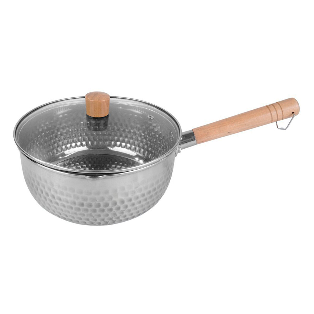 Olla de acero con tapa de vidrio y mango de madera 