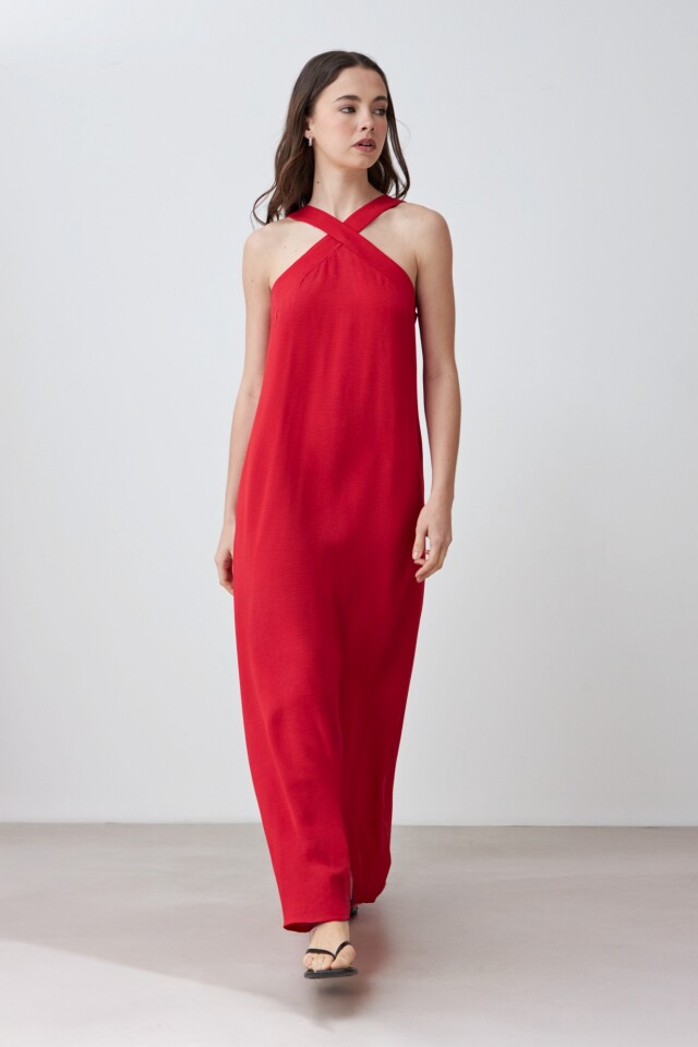 Maxi vestido escote halter rojo