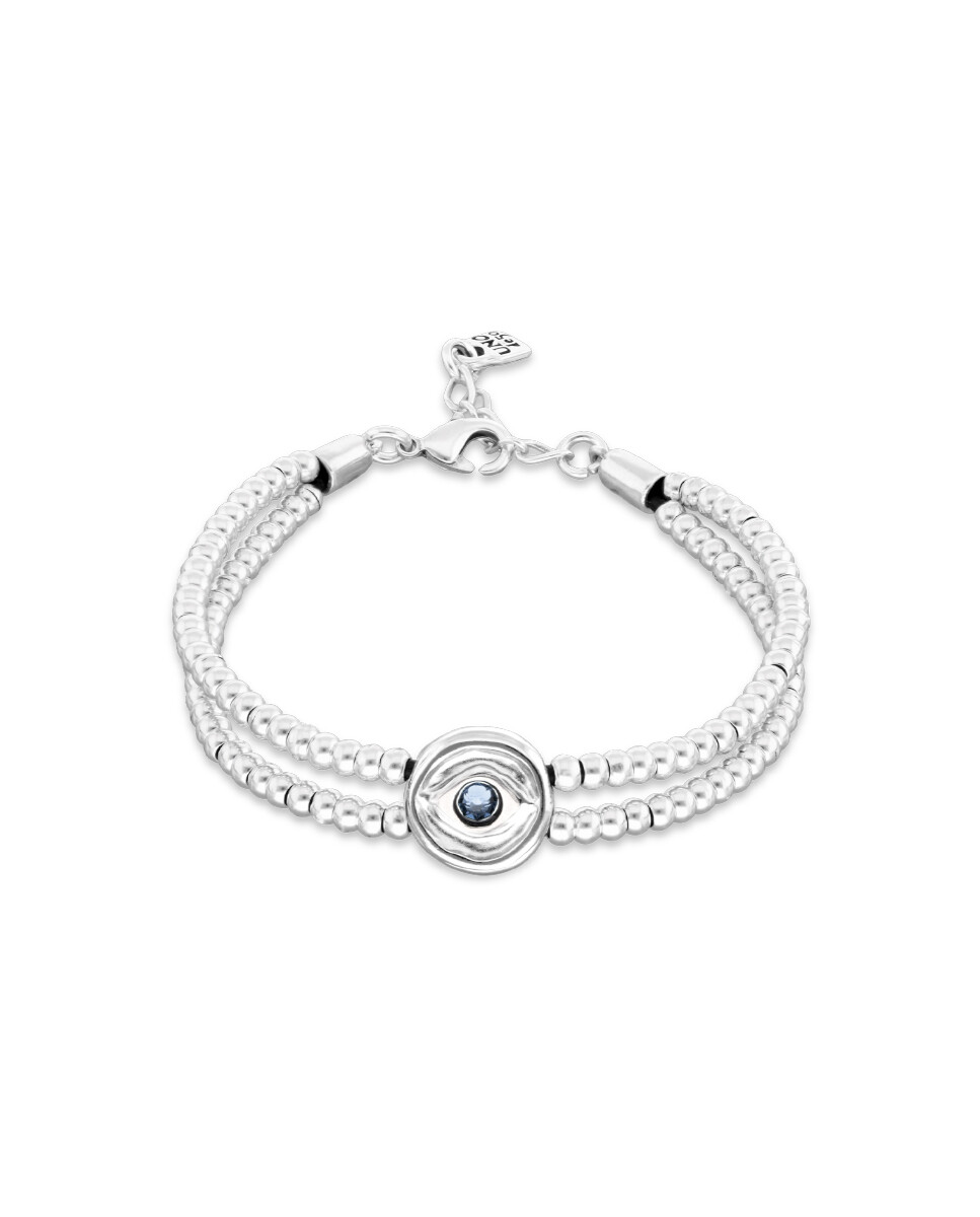 PULSERA DE BOLAS DOBLE DE ALEACIÓN DE METALES BAÑADA EN PLATA CON DETALLE DE OJO Y CRISTAL EN AZUL - Pulsera 
