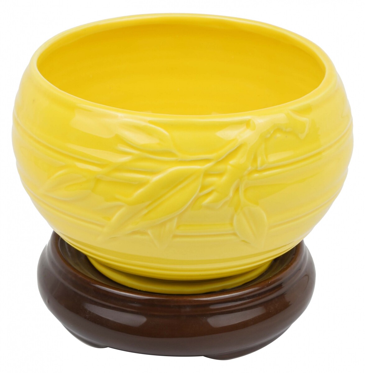 MACETA CERAMICA AMARILLA LABRADO C/HOJAS C/PLATO MARRON 16X14CM 24374 