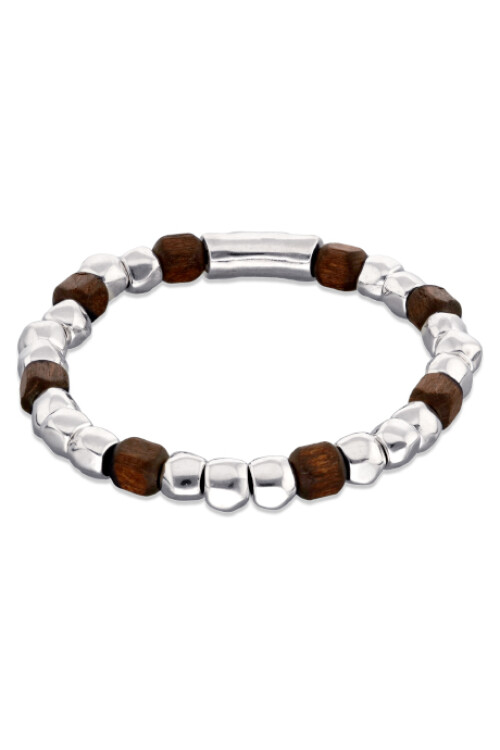 PULSERA ELÁSTICA DE CUENTAS DE ALECIÓN DE METALES BAÑADAS EN PLATA Y CUENTAS EN MADERA Pulsera