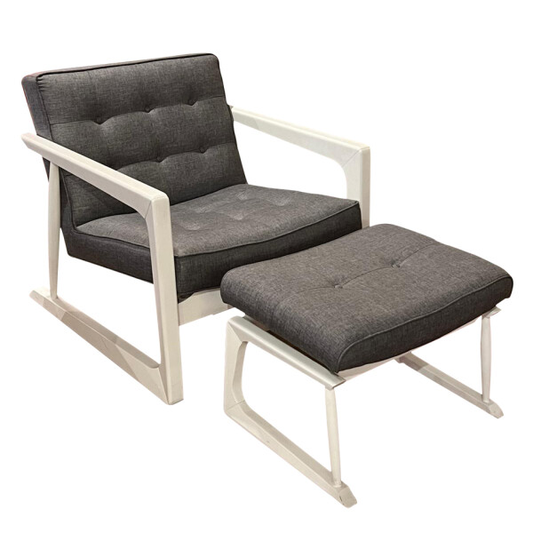 POLTRONA EN MADERA CON POSAPIE - TAPIZADO TELA GRIS - Producto con detalles. POLTRONA EN MADERA CON POSAPIE - TAPIZADO TELA GRIS - Producto con detalles.