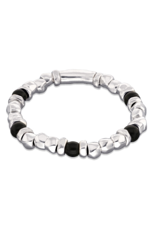 PULSERA ELÁSTICA DE CUENTAS DE ALECIÓN DE METALES BAÑADAS EN PLATA Y CRISTAL DE MURANO NEGRO Pulsera