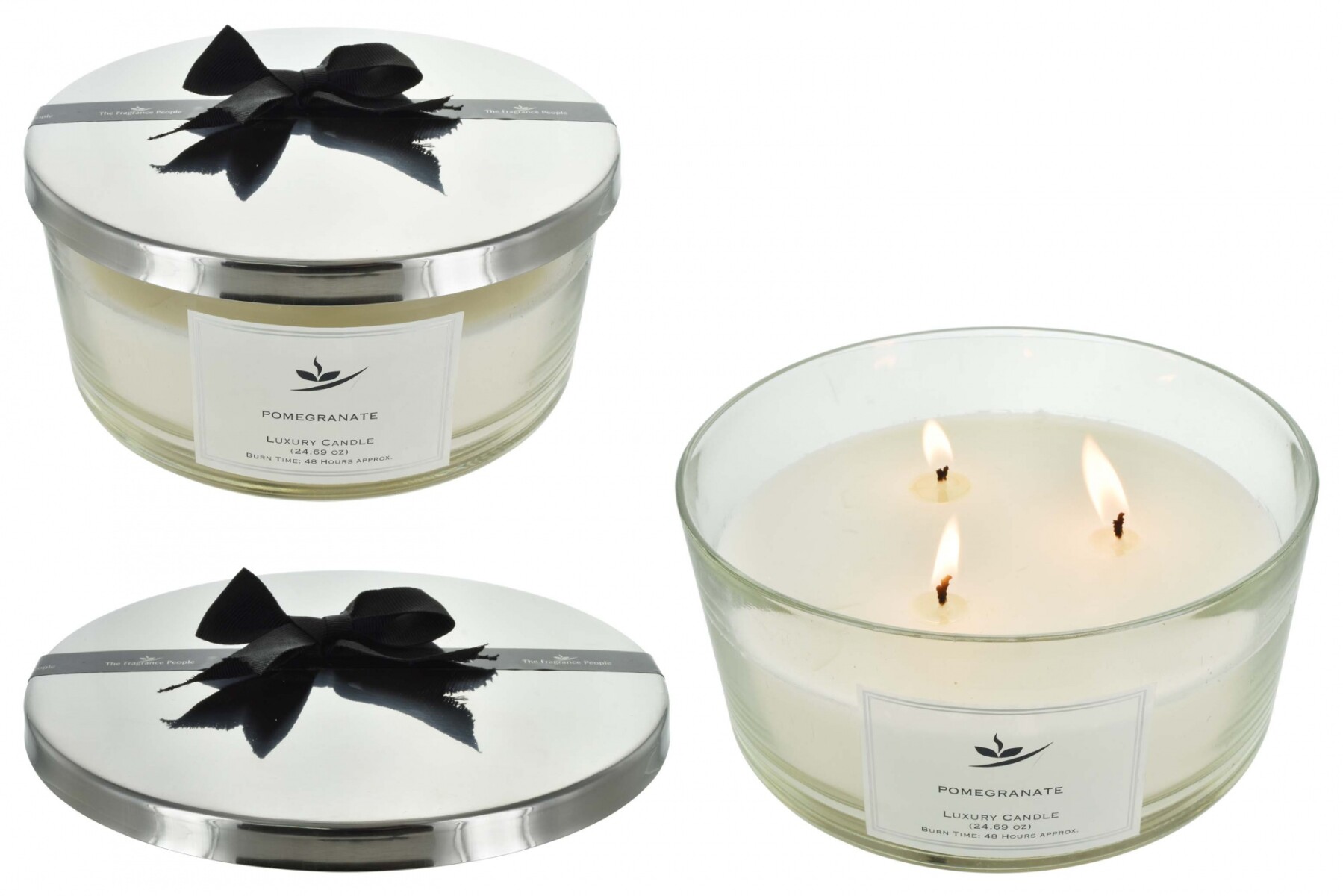 VELA C/CANDELABRO VIDRIO TAPA METAL C/MOÑO NEGRO 17X8.5CM 700GR JO-1014A PL 