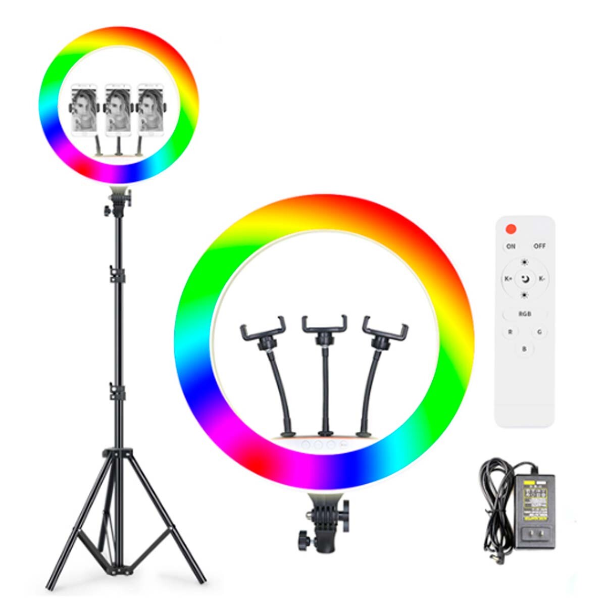 Aro luz LED RGB 18" USB con trípode y control 