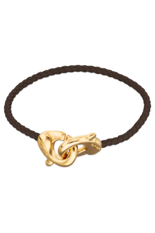 PULSERA DE CUERO MARRÓN CON MOSQUETÓN ENTRELAZADO BAÑADO EN ORO 18K Pulsera