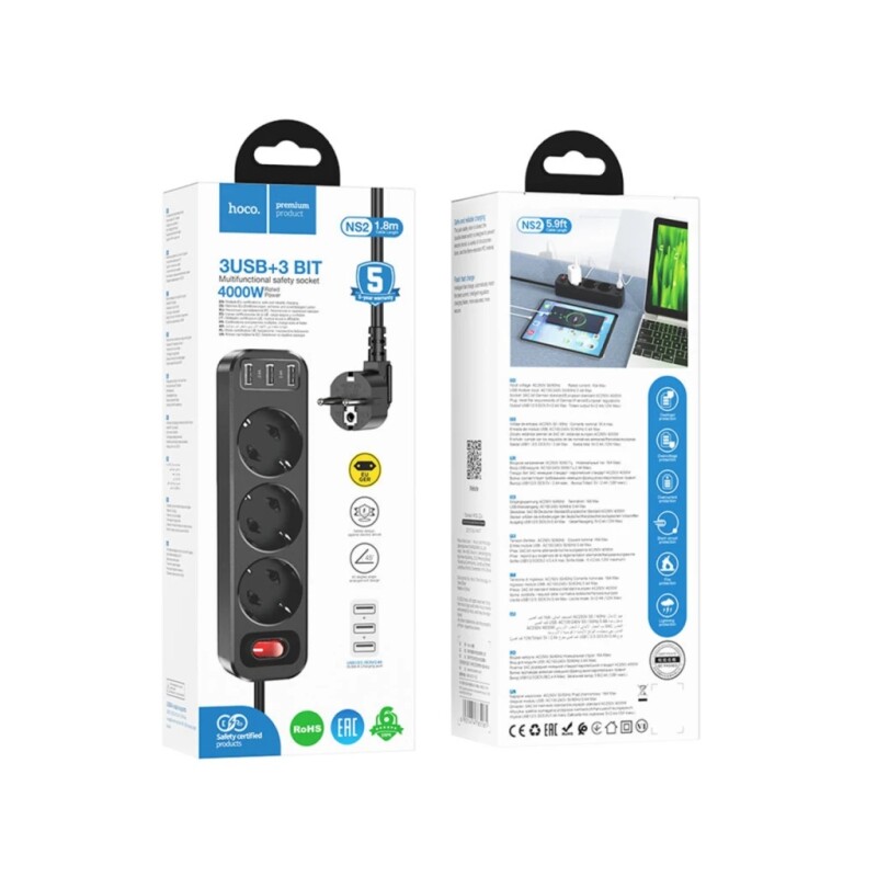ALARGUE 1.8M HOCO NS2-3SHUCO 4000W+3USB ALARGUE 1.8M HOCO NS2-3SHUCO 4000W+3USB