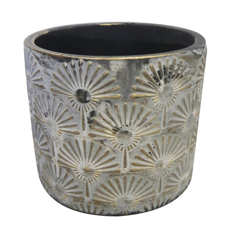 Maceta Cerámica Labrada Flores Negra y Dorada 14 x 14 cm U