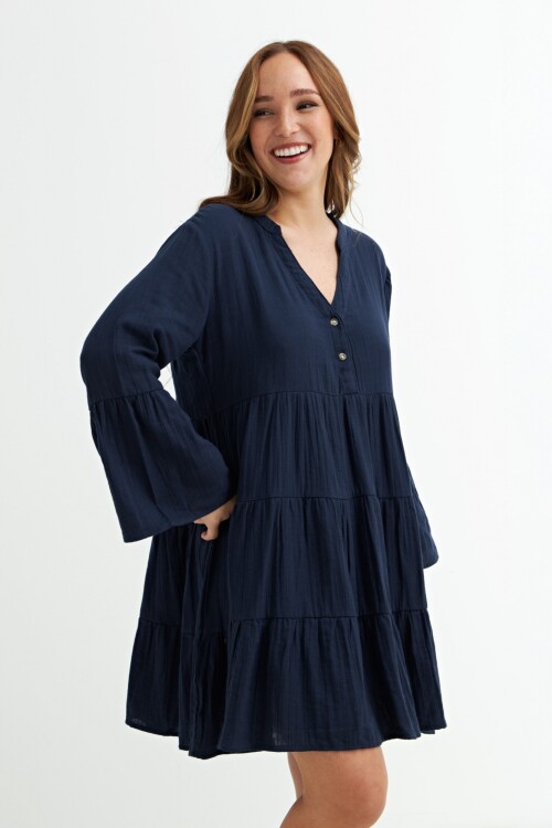 Vestido con volados manga 3/4 AZUL MARINO